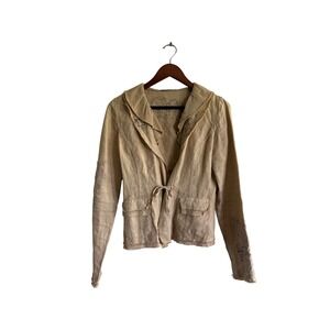 Elie‎ Tahari Linen Embroidered Jacket Fringe Trim Tie Waist Beige Size S